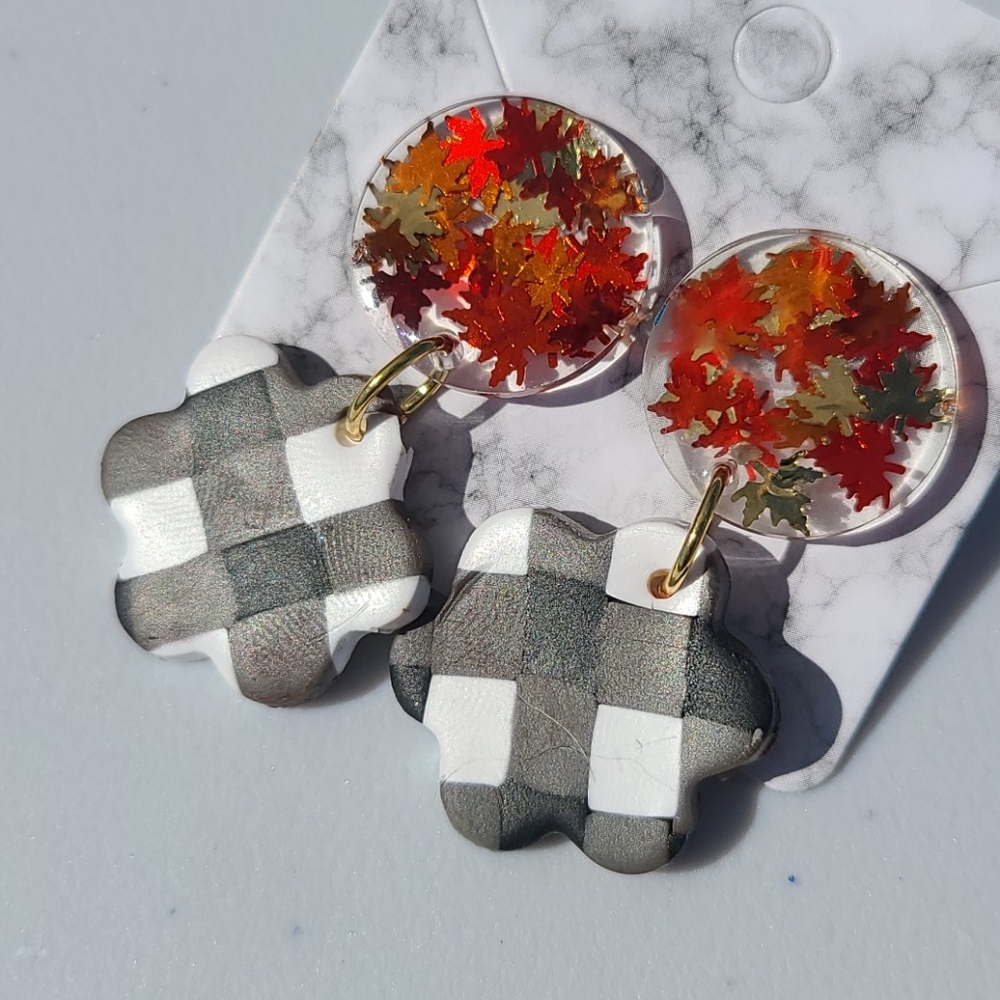 Gingham Leaf Earrings